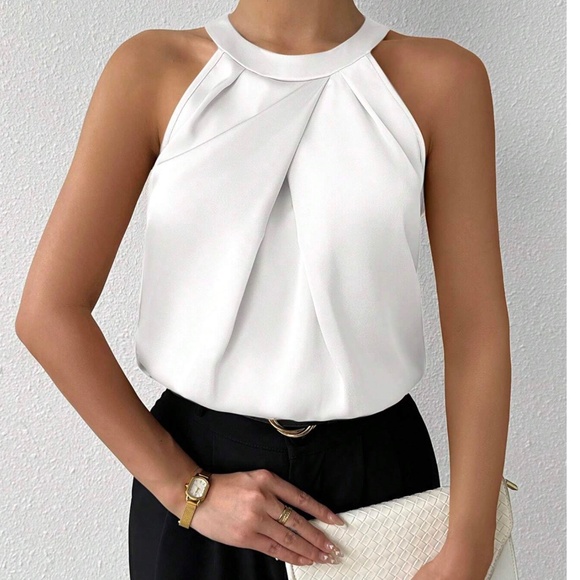 Classic  Satin Pleated Solid Tank Top - Picture 1 of 12